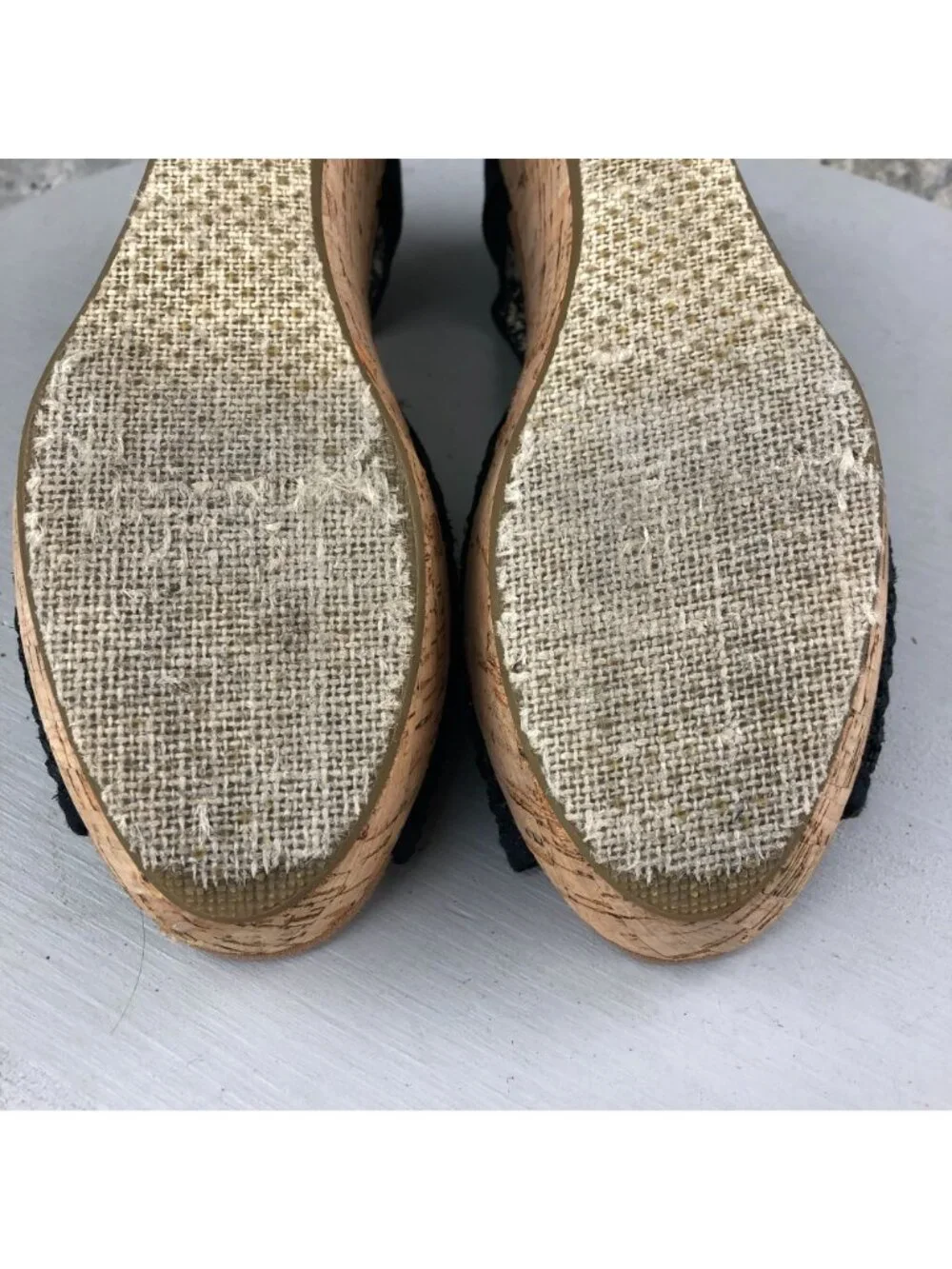 Toms Women's Size 8.5 Black Open Toe Ankle Strap High Heel Cork Wedges Sandals